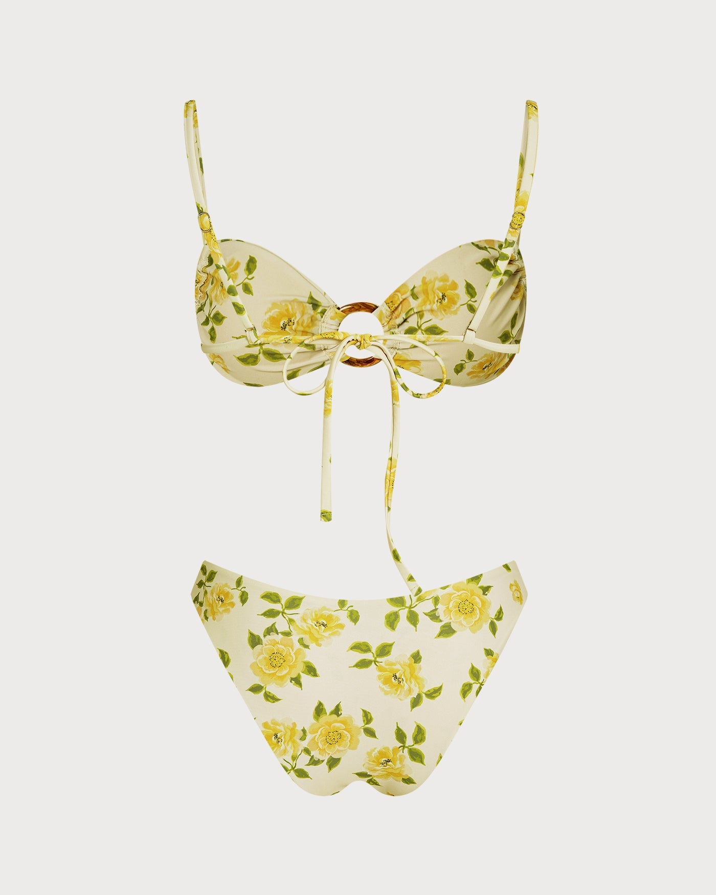 Floral Bralette Bikini Set in Light Yellow with O-Ring Detail
