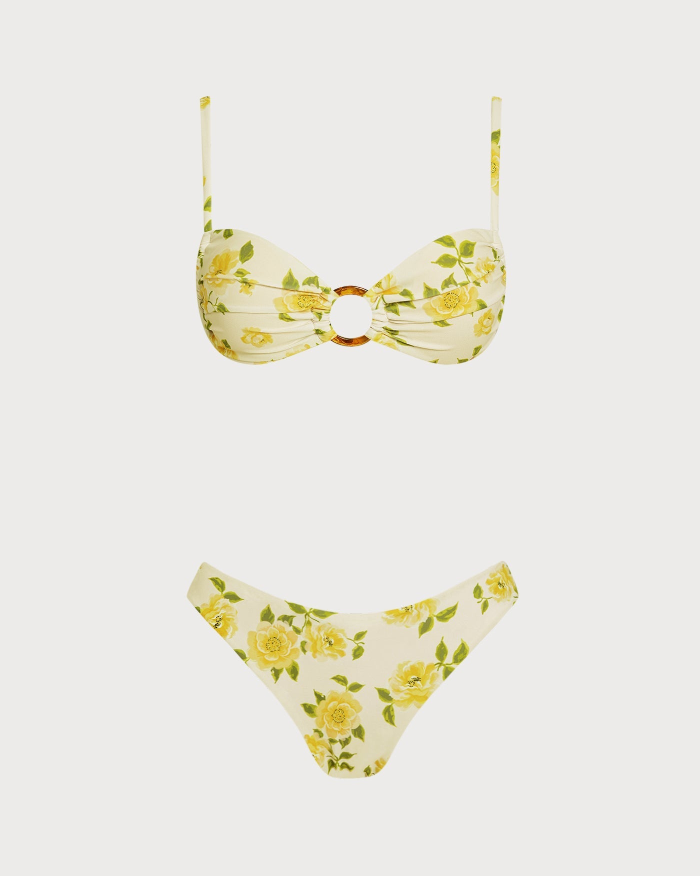 Floral Bralette Bikini Set in Light Yellow with O-Ring Detail