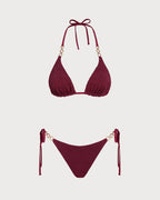 Reversible Brick Red Halter Bikini Set with Drawstring