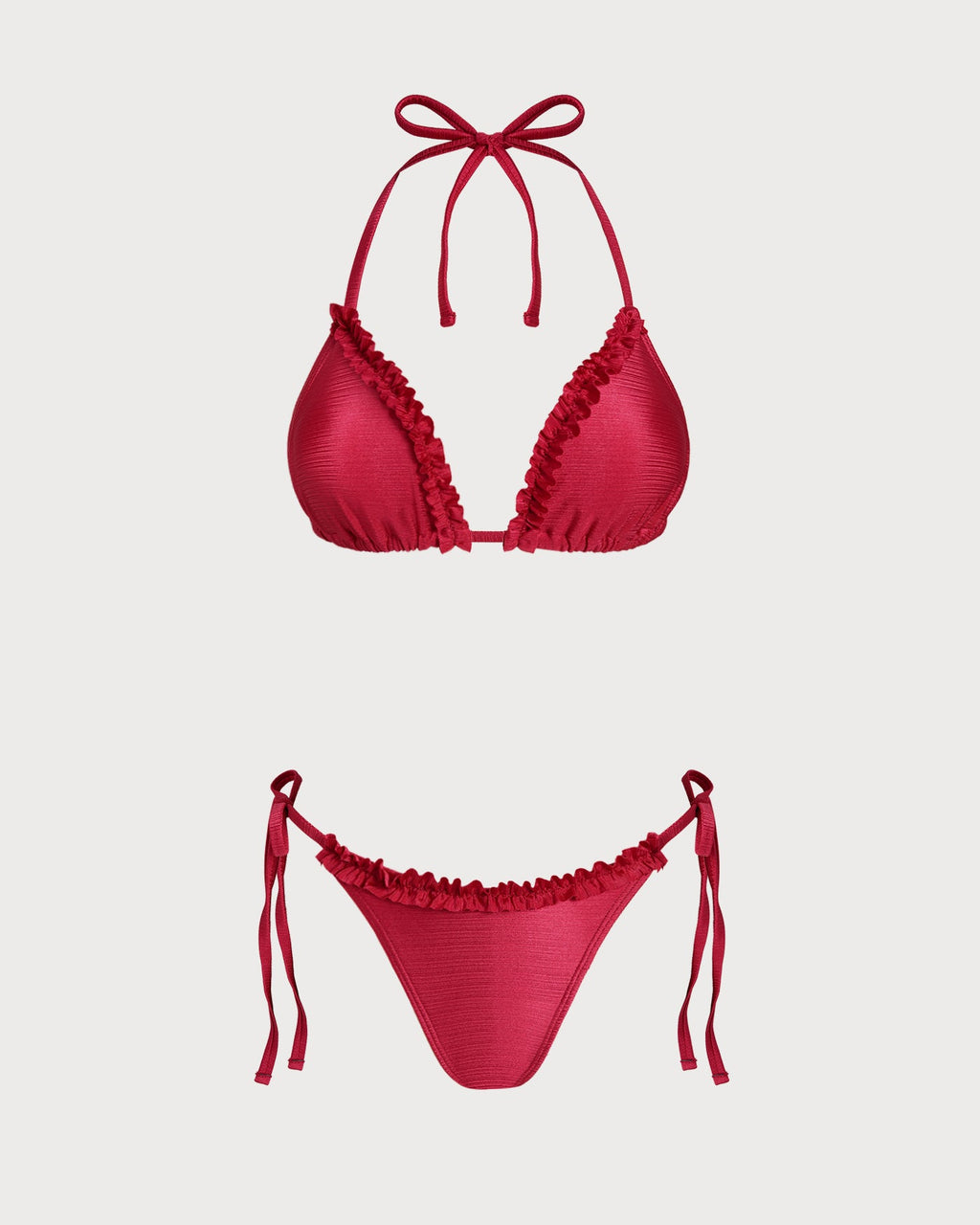 Red Ruffled Triangle Bikini Set with Halter Neck