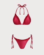 Red Ruffled Triangle Bikini Set with Halter Neck