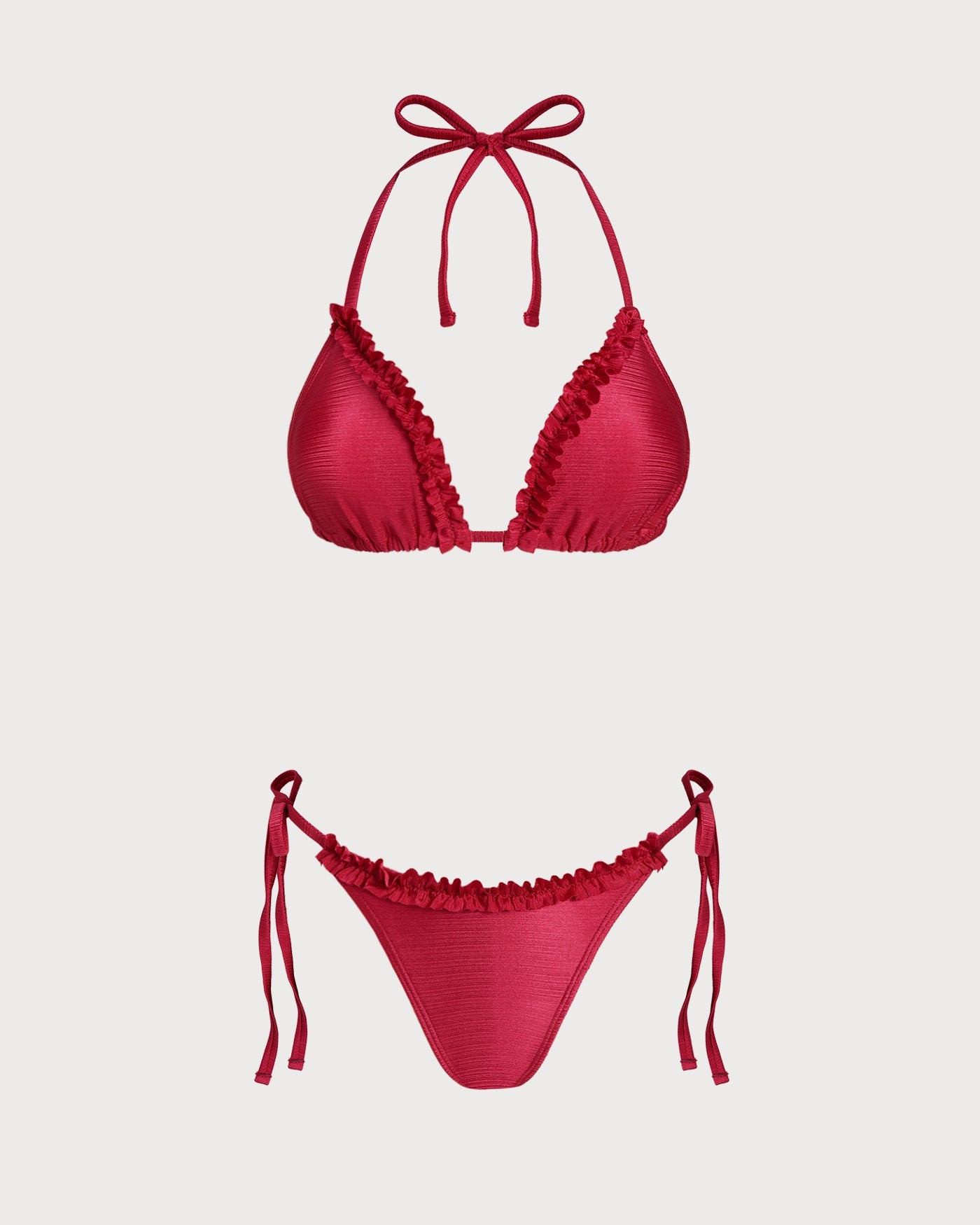 Red Ruffled Triangle Bikini Set with Halter Neck