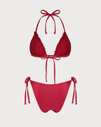 Red Ruffled Triangle Bikini Set with Halter Neck