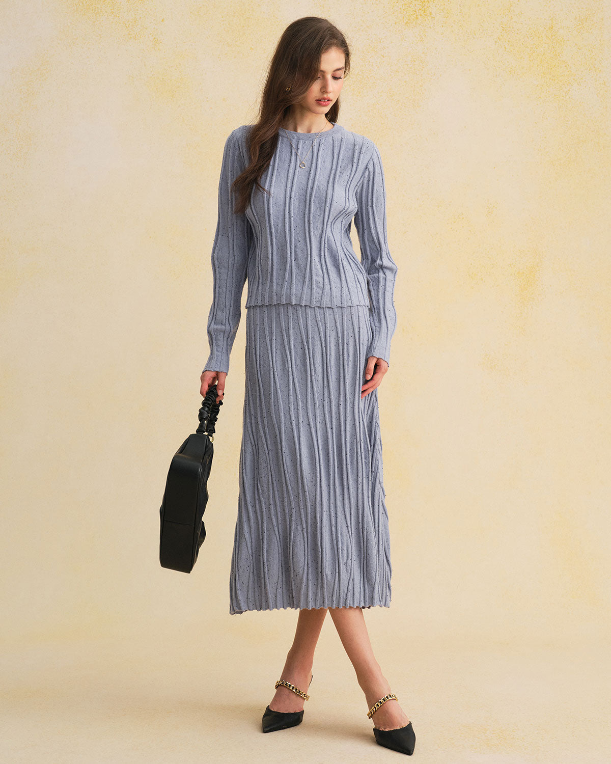 Blue A-Line Midi Skirt with Elastic Waist