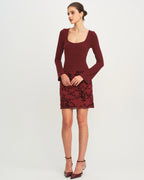 Floral Mini Skirt with Elastic Waist in Wine Red
