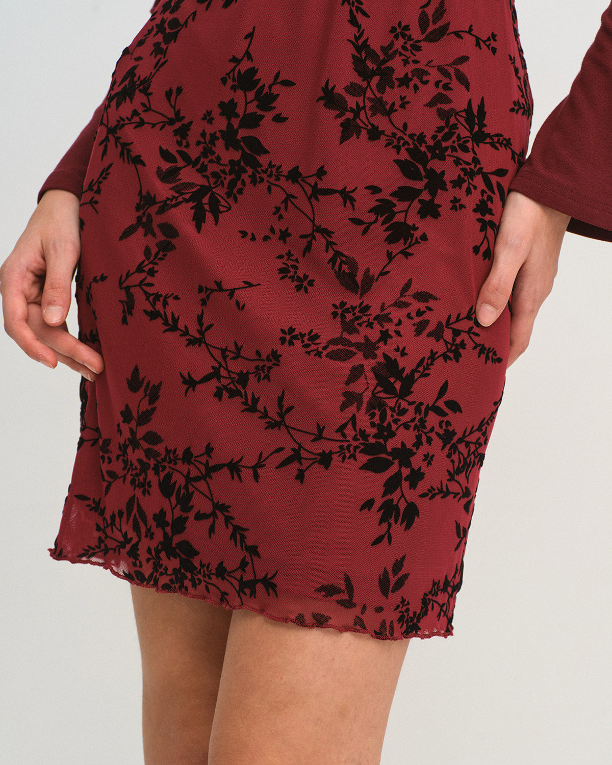 Floral Mini Skirt with Elastic Waist in Wine Red