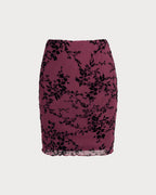 Floral Mini Skirt with Elastic Waist in Wine Red