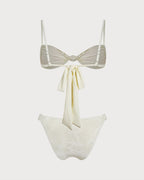 Textured White Triangle Bikini Set with Drawstring
