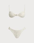 Textured White Triangle Bikini Set with Drawstring