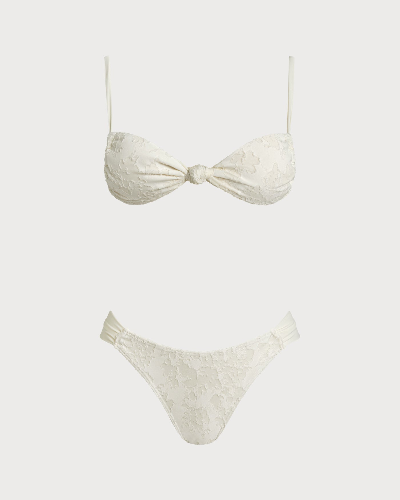 Textured White Triangle Bikini Set with Drawstring