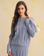 Textured Blue Round Neck Sweater