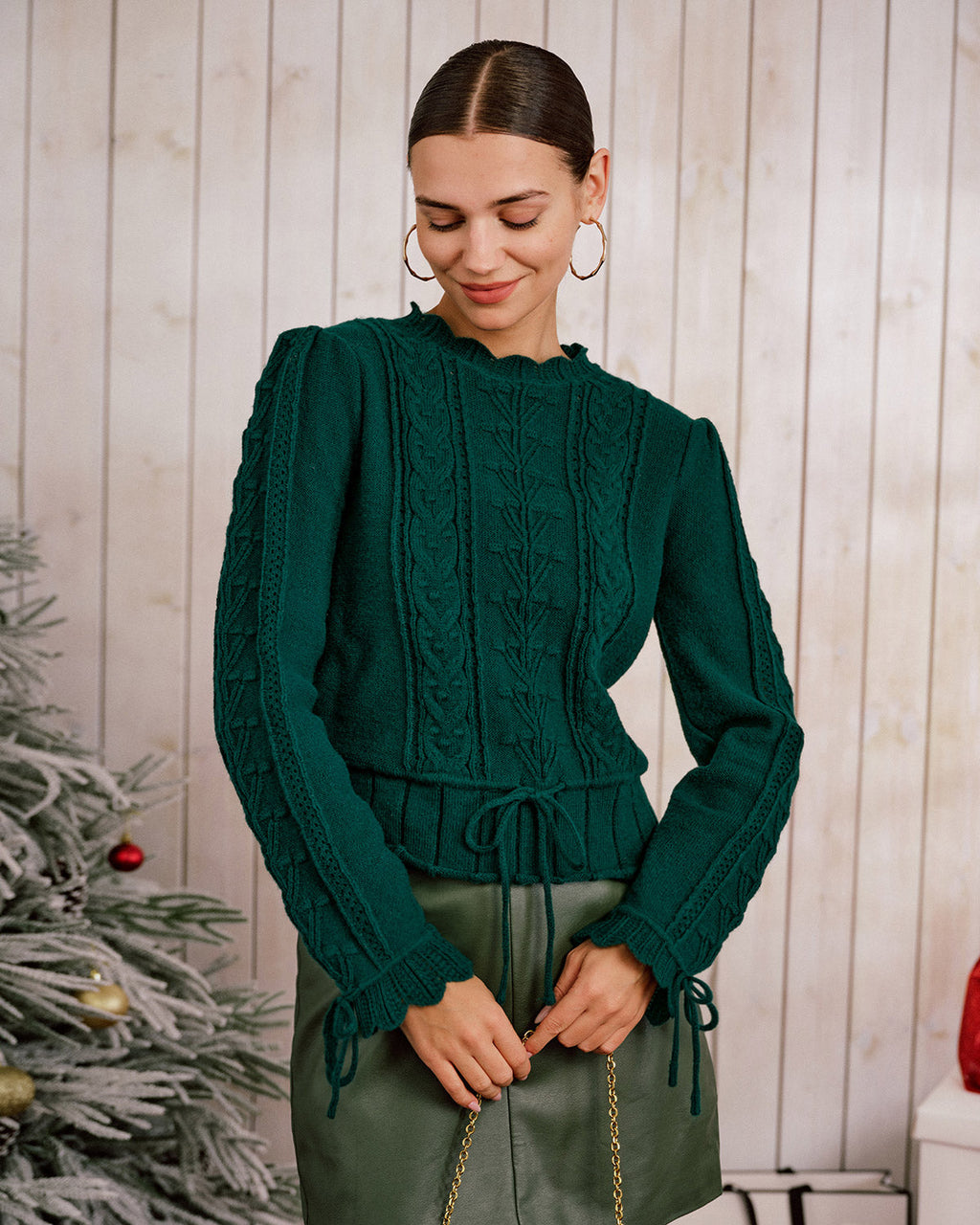 Emerald Scalloped Lantern Sleeve Knit Sweater