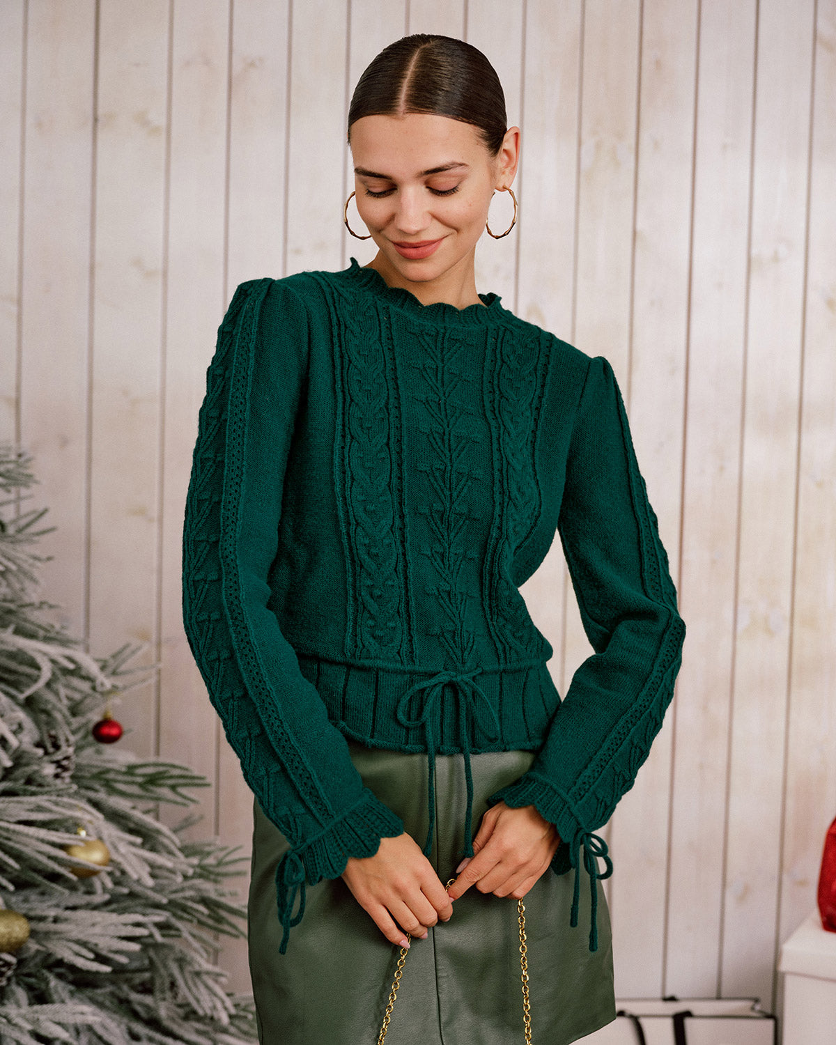 Emerald Scalloped Lantern Sleeve Knit Sweater