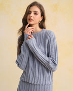 Textured Blue Round Neck Sweater