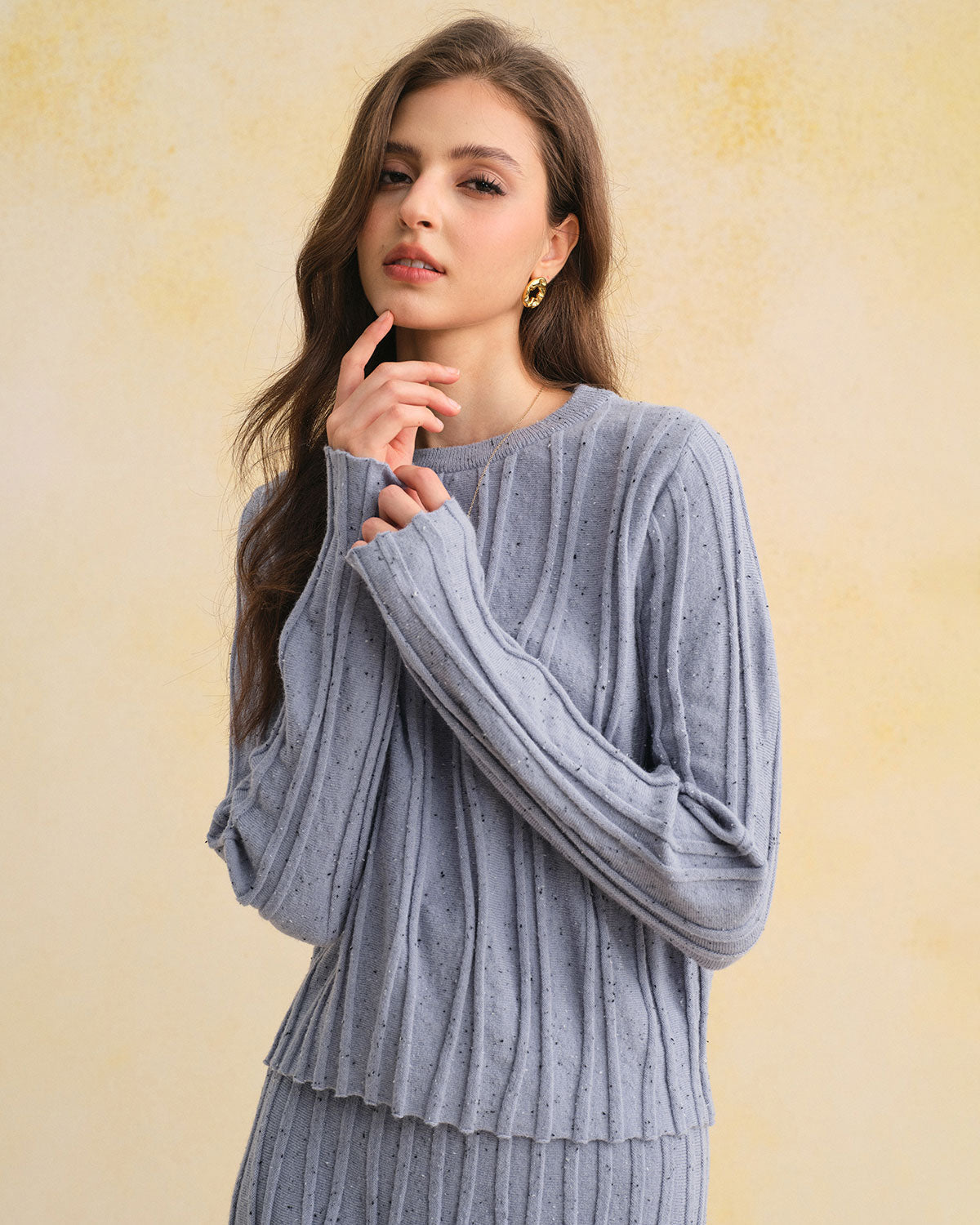 Textured Blue Round Neck Sweater