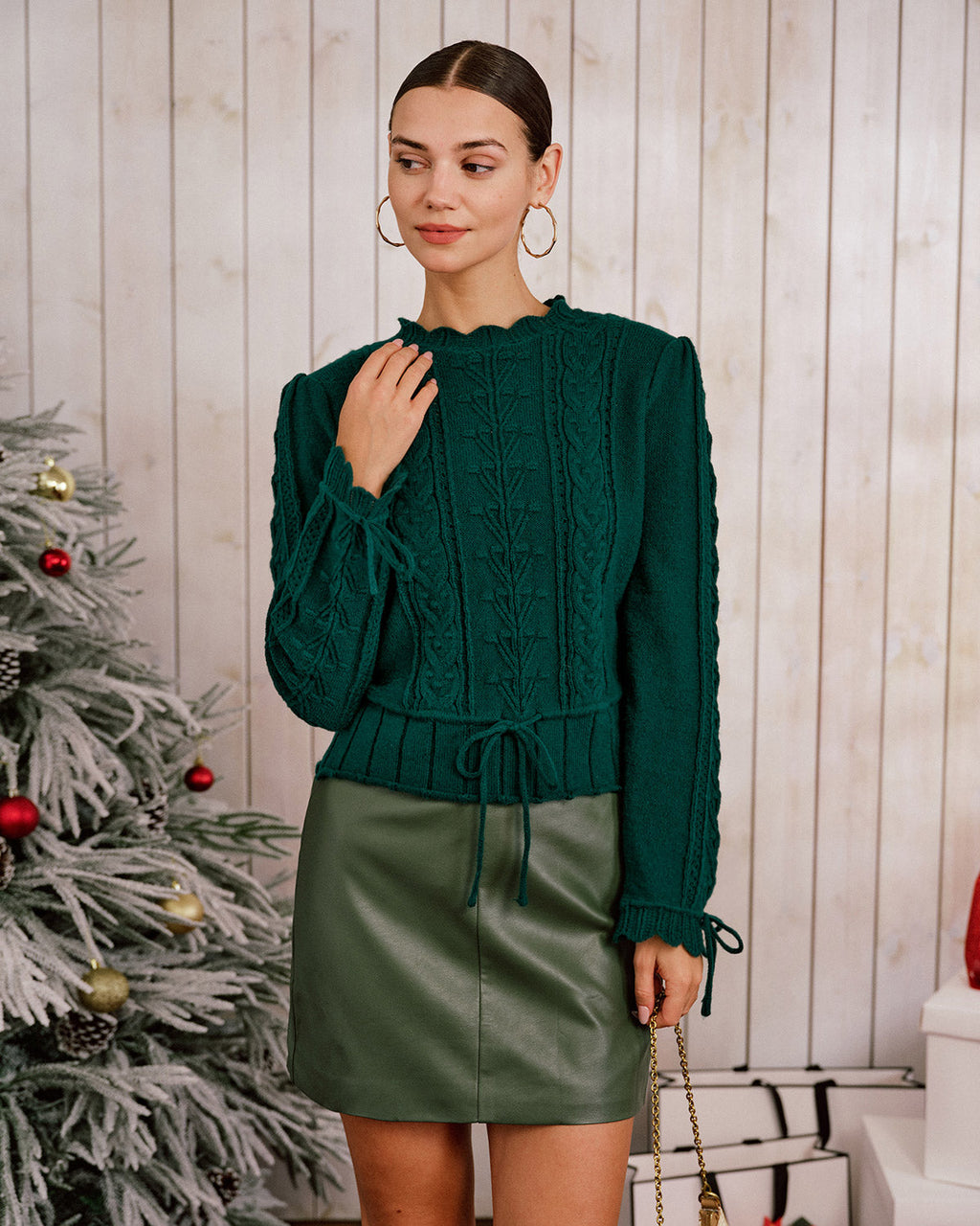 Emerald Scalloped Lantern Sleeve Knit Sweater