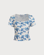 Short Sleeve T-Shirt with Blue Floral Design