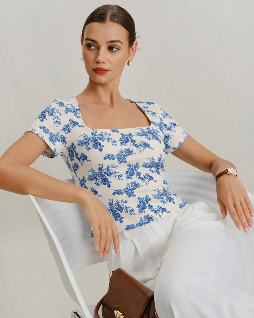 Short Sleeve T-Shirt with Blue Floral Design