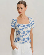 Short Sleeve T-Shirt with Blue Floral Design