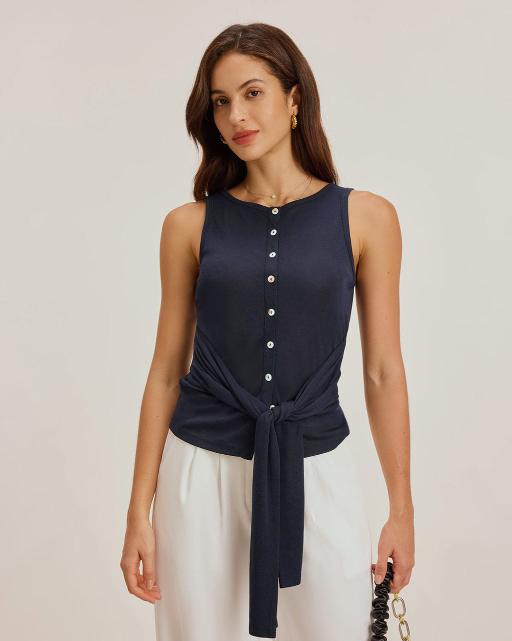 Blue Button-Up Round Neck Tank Top