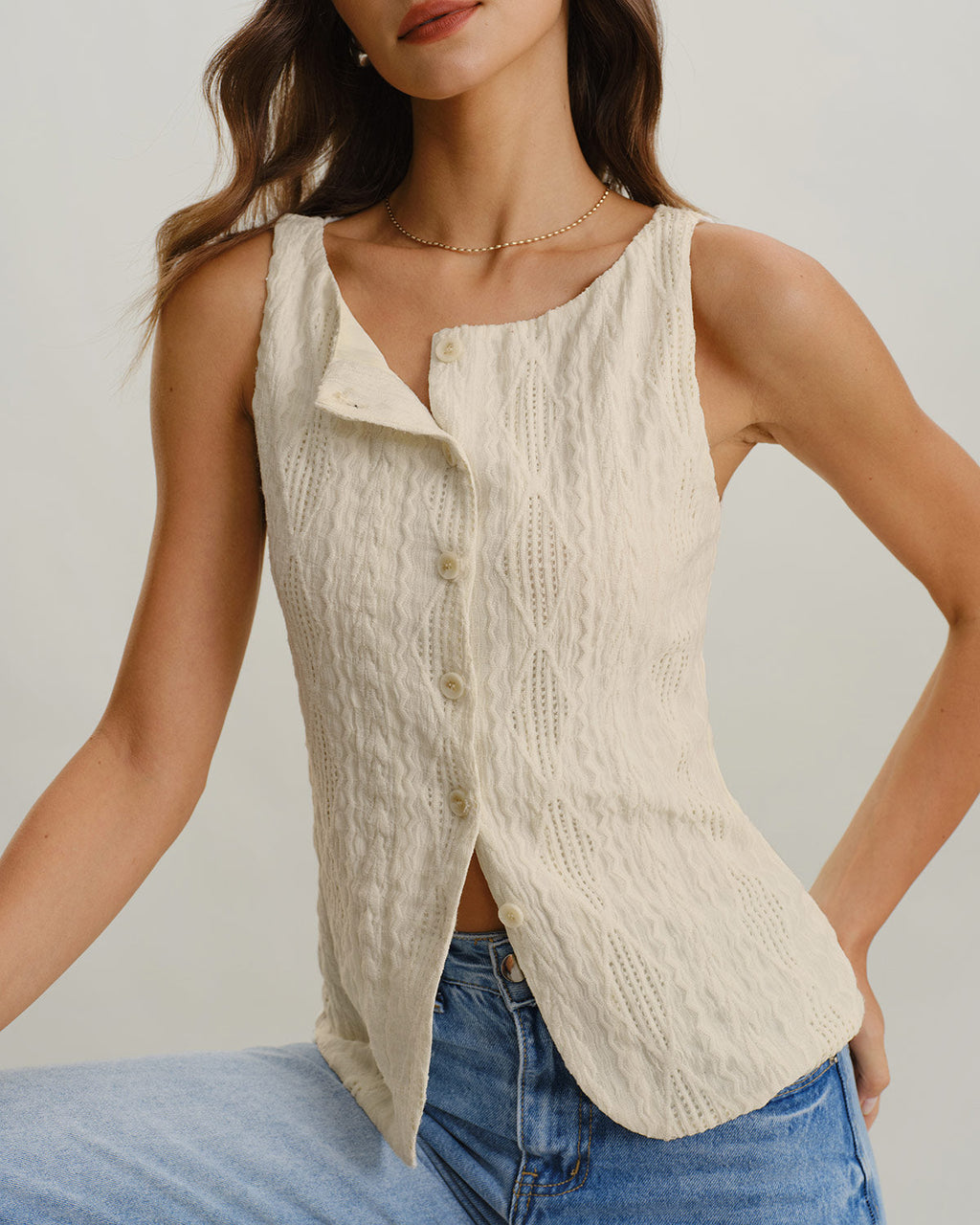 Beige Boat Neck Button-Up Tank