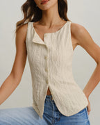 Beige Boat Neck Button-Up Tank