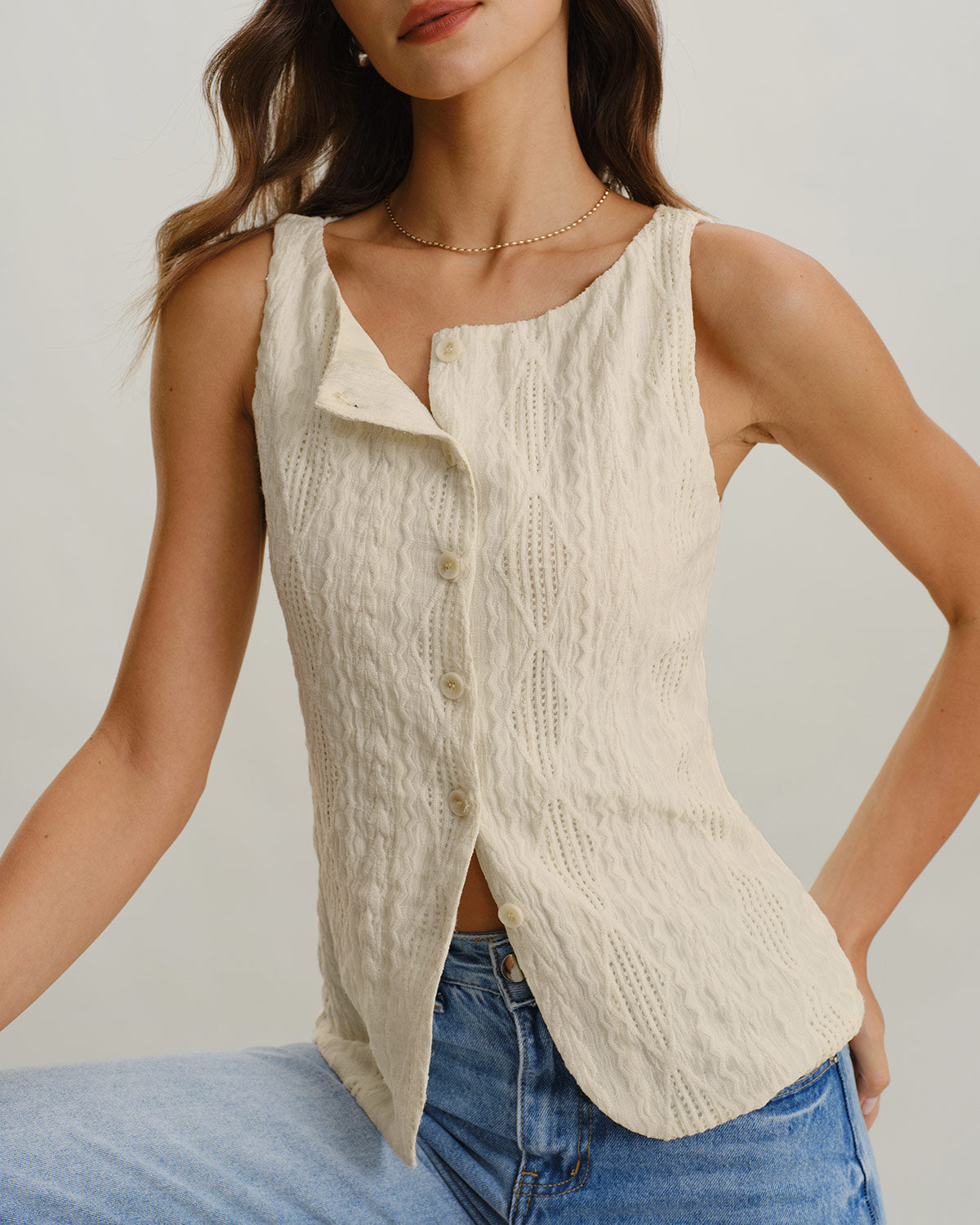 Beige Boat Neck Button-Up Tank