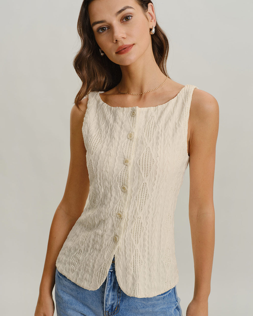 Beige Boat Neck Button-Up Tank