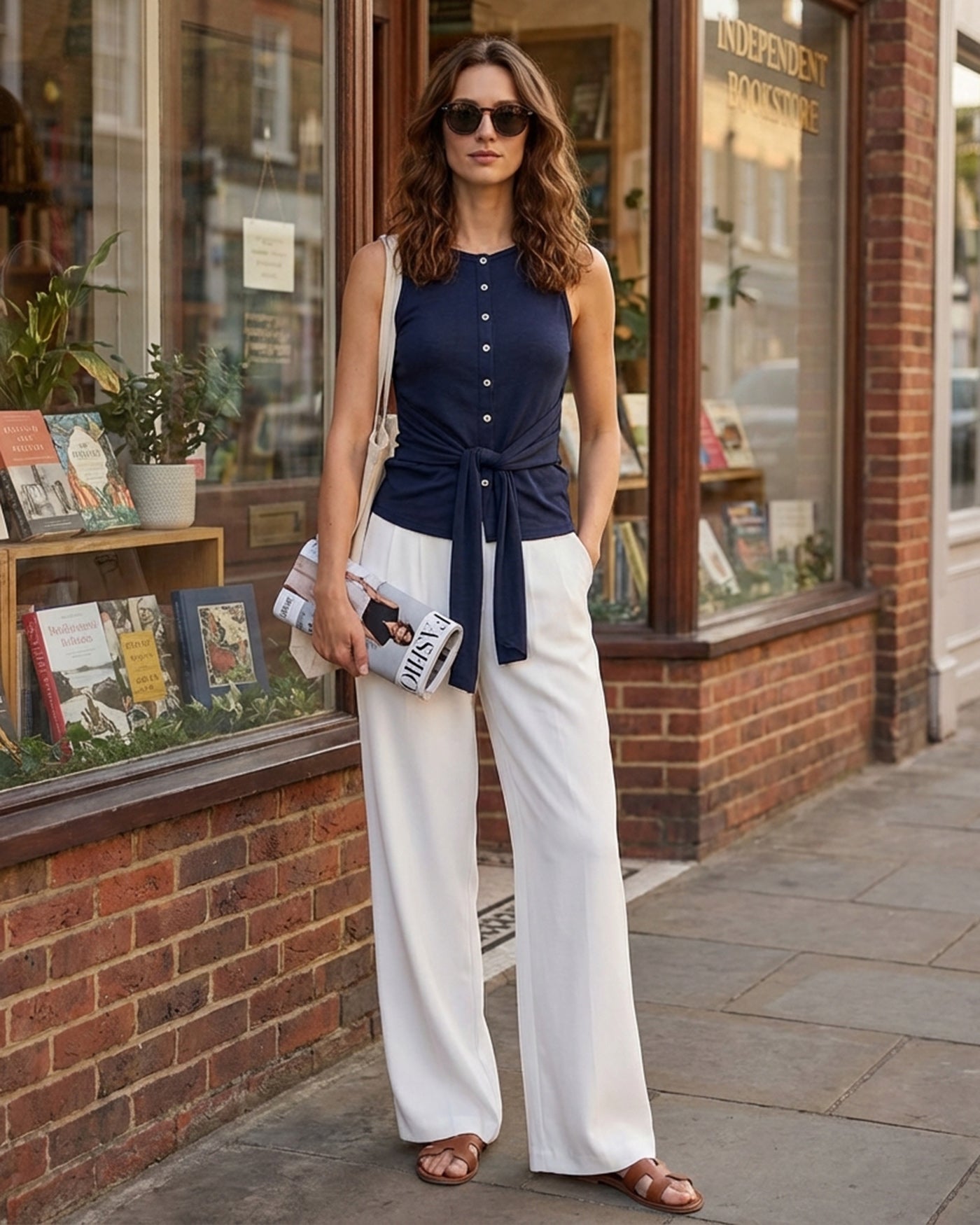 Blue Button-Up Round Neck Tank Top