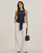 Blue Button-Up Round Neck Tank Top