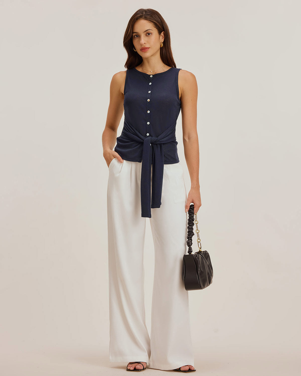 Blue Button-Up Round Neck Tank Top
