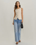 Beige Boat Neck Button-Up Tank