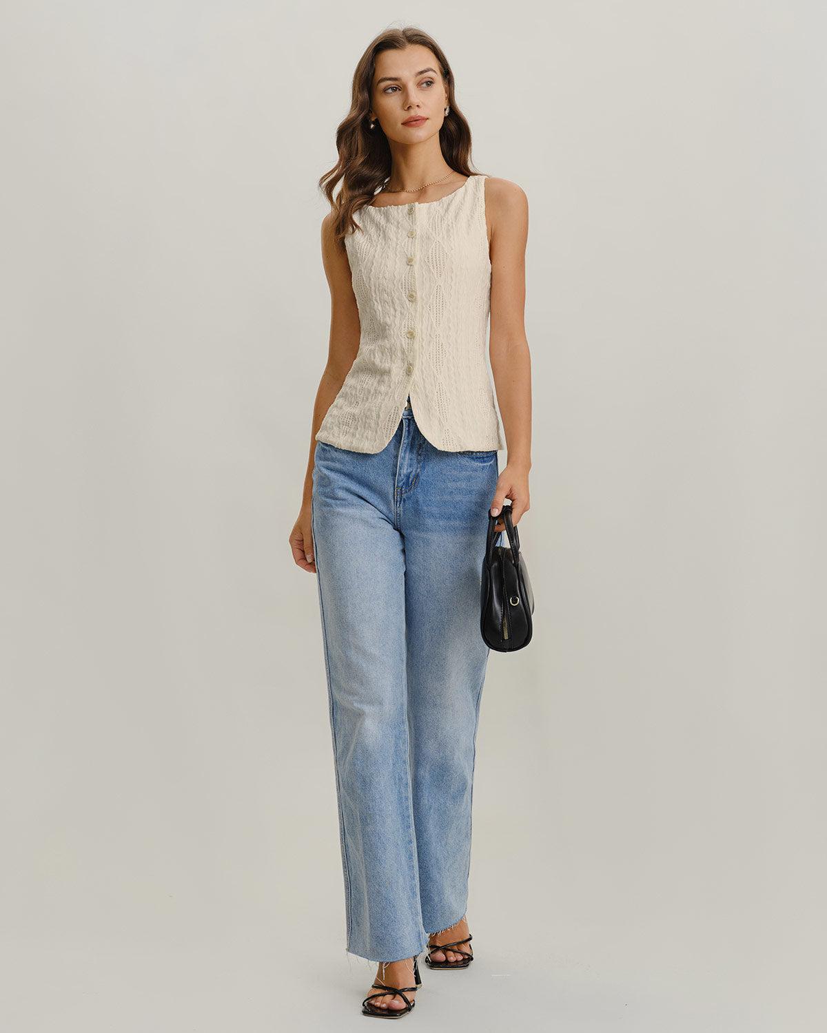 Beige Boat Neck Button-Up Tank