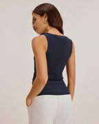 Blue Button-Up Round Neck Tank Top