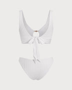 White U-Neck Cutout Tankini Set