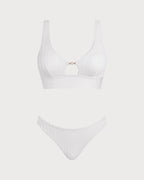 White U-Neck Cutout Tankini Set