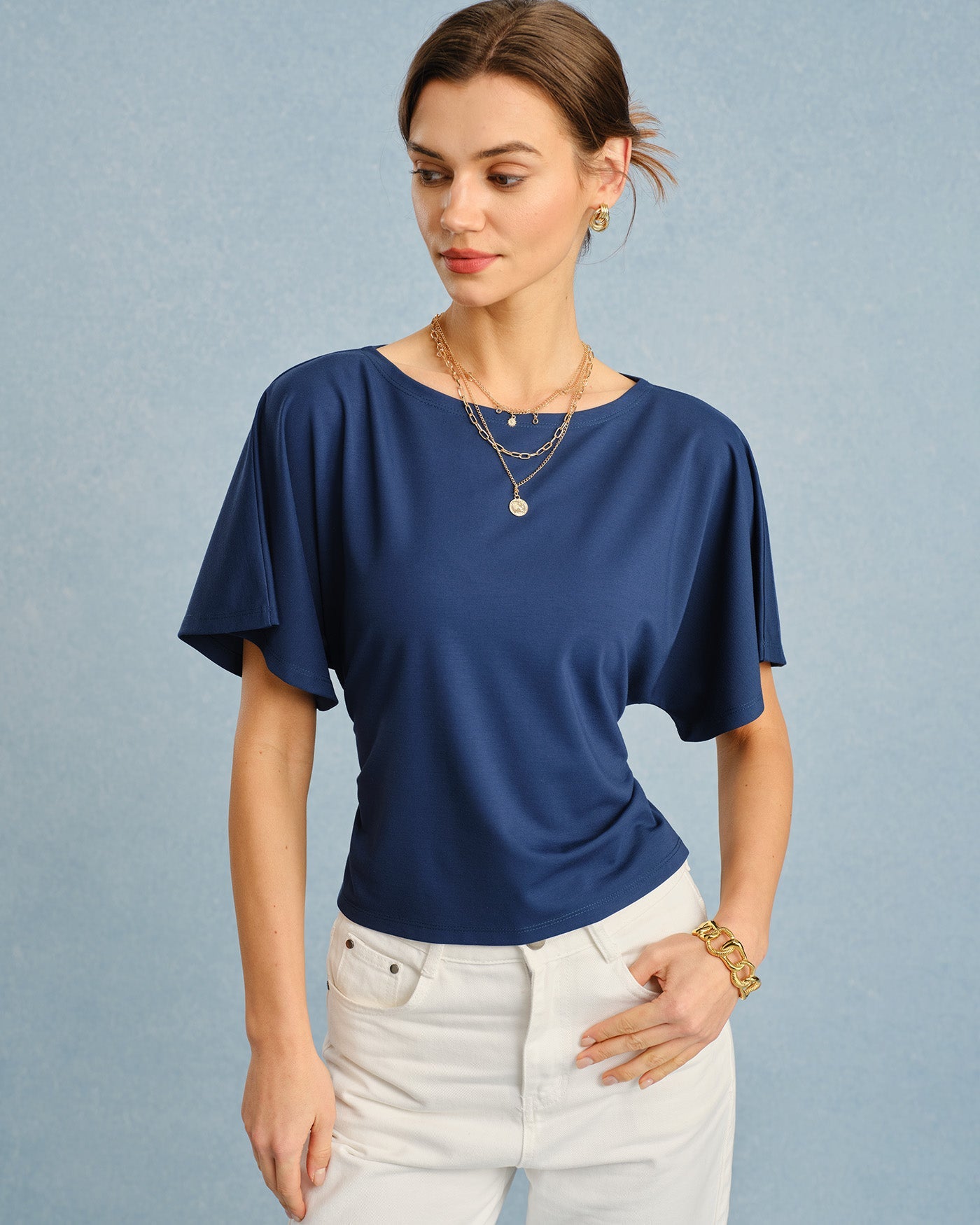 Blue Boat Neck T-Shirt with Tie Detail