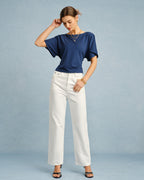 Blue Boat Neck T-Shirt with Tie Detail