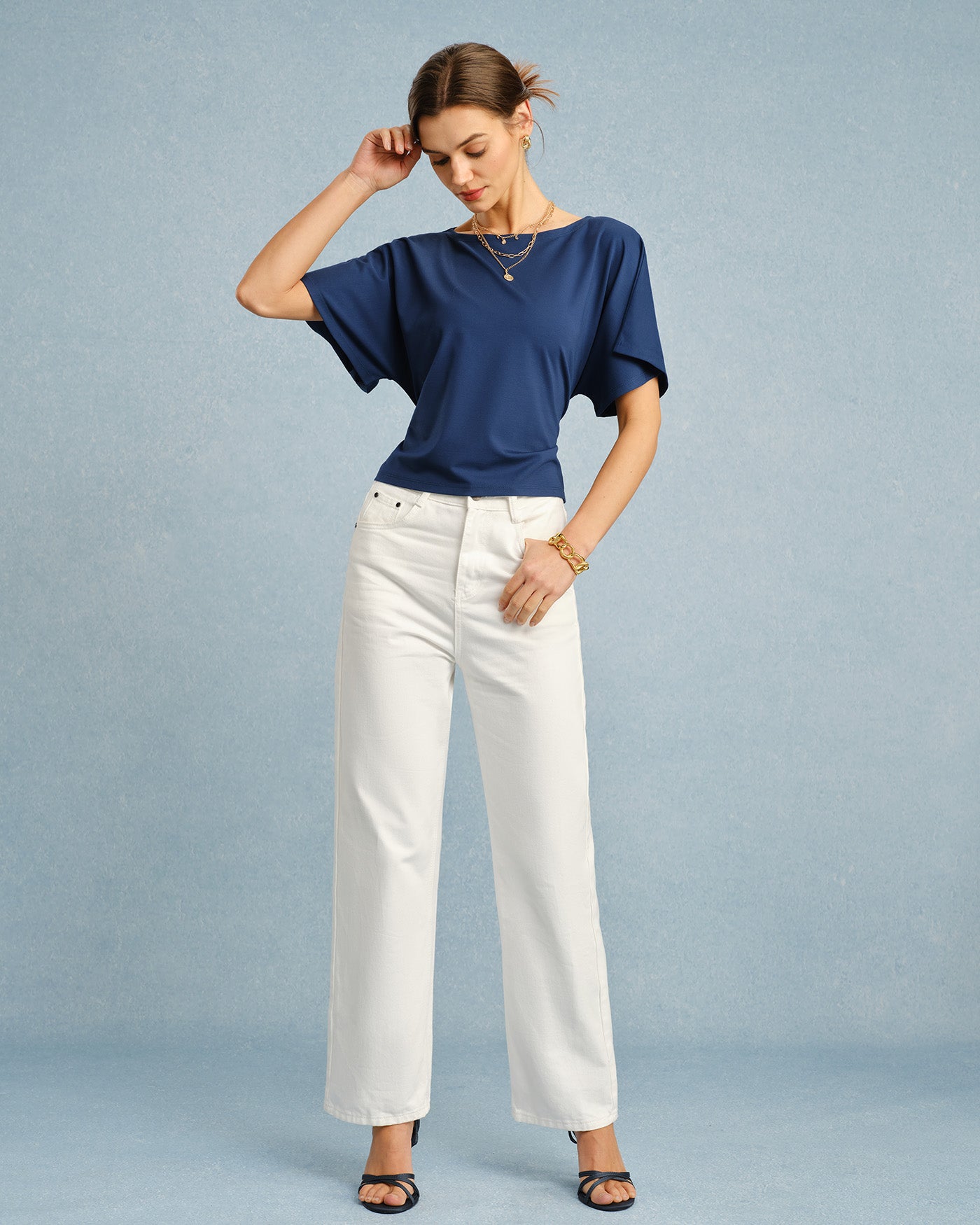 Blue Boat Neck T-Shirt with Tie Detail