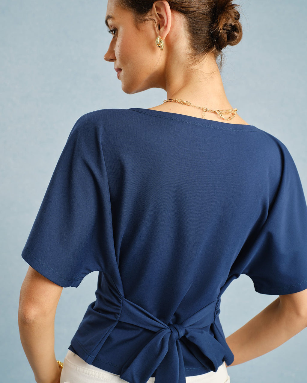 Blue Boat Neck T-Shirt with Tie Detail