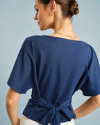 Blue Boat Neck T-Shirt with Tie Detail