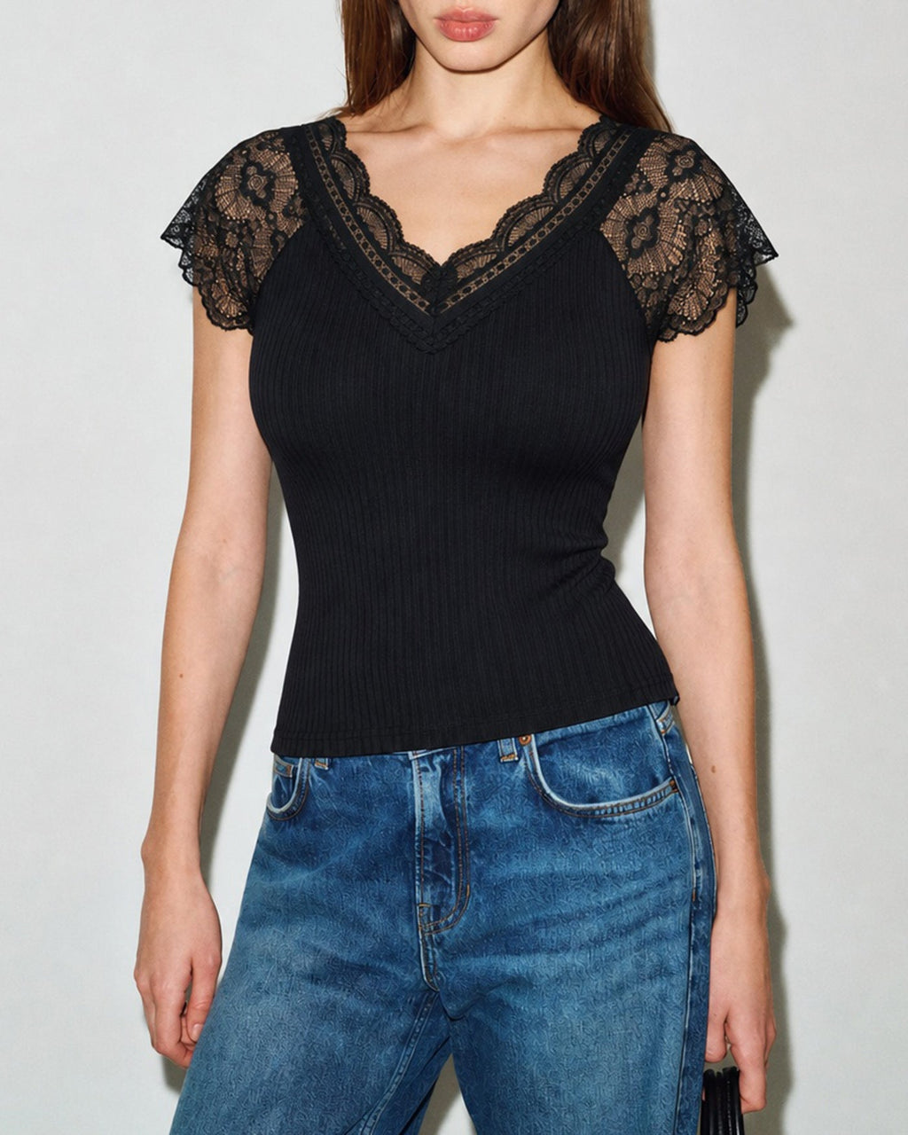 Black V-Neck Tee with Lace Detail