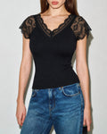 Black V-Neck Tee with Lace Detail