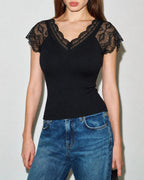 Black V-Neck Tee with Lace Detail