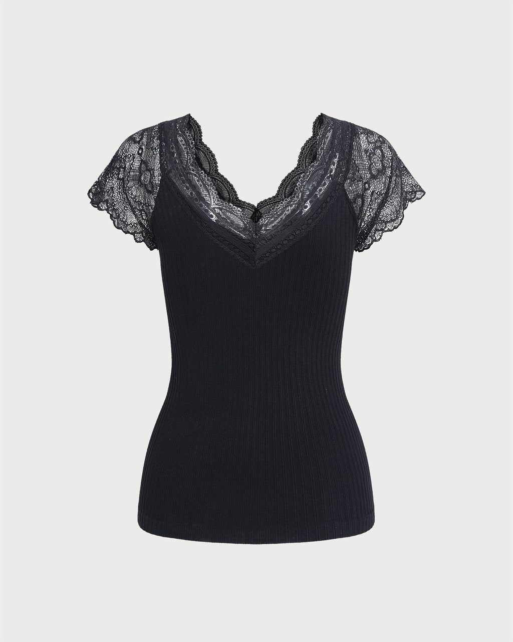 Black V-Neck Tee with Lace Detail