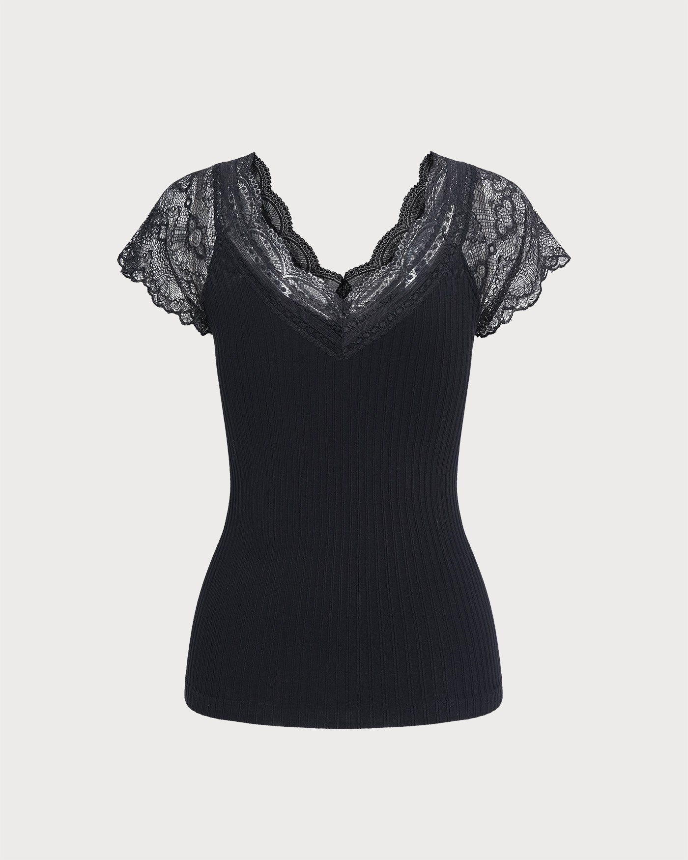 Black V-Neck Tee with Lace Detail