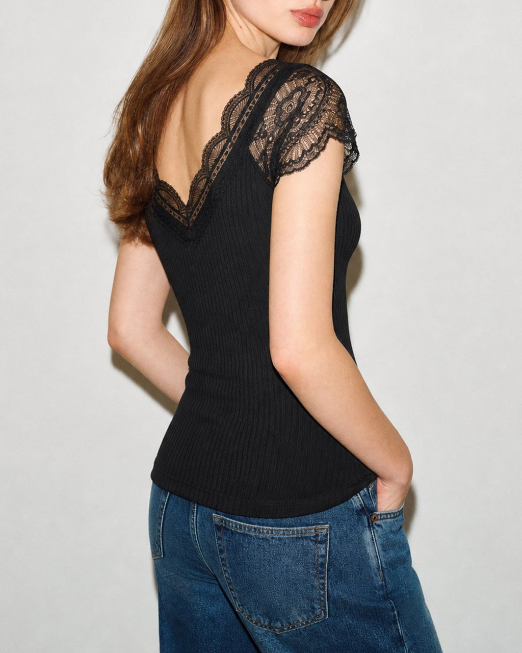 Black V-Neck Tee with Lace Detail