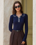 Blue Slim Fit Knit T-Shirt with Contrasting Details