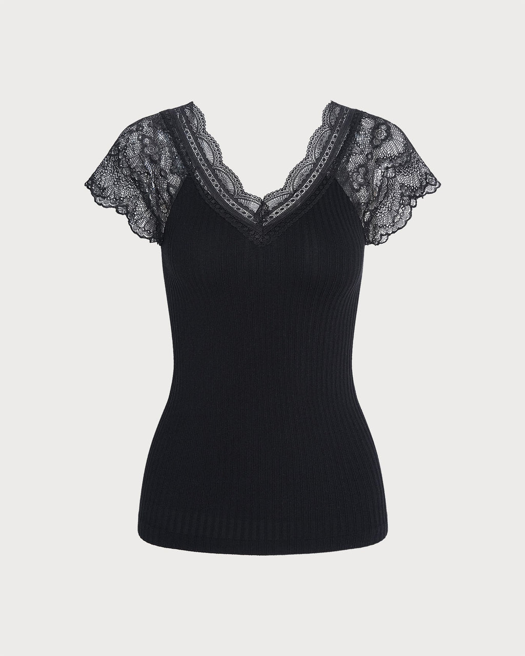 Black V-Neck Tee with Lace Detail