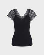 Black V-Neck Tee with Lace Detail